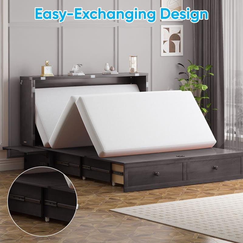 Mixoy Modern Queen Murphy Bed Chest with Mattress and USB ports