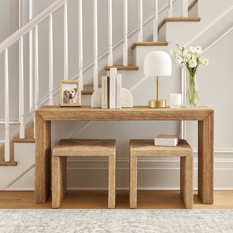 Handcrafted Woven Console Table with Side Tables - 55", Brown & Tan - 55.0" - Wood - 55.0" - Tan