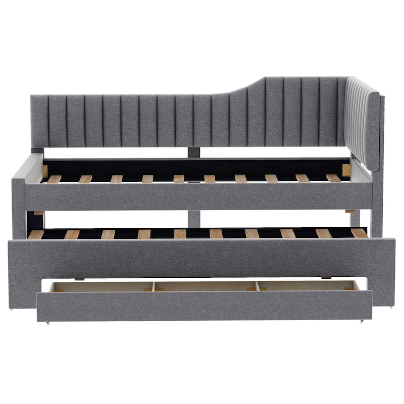 Twin Size Daybed Bed Frame with Linen Upholstered Backrest and Three Drawers, Pull-out Trundle Bed w/Slatted Support
