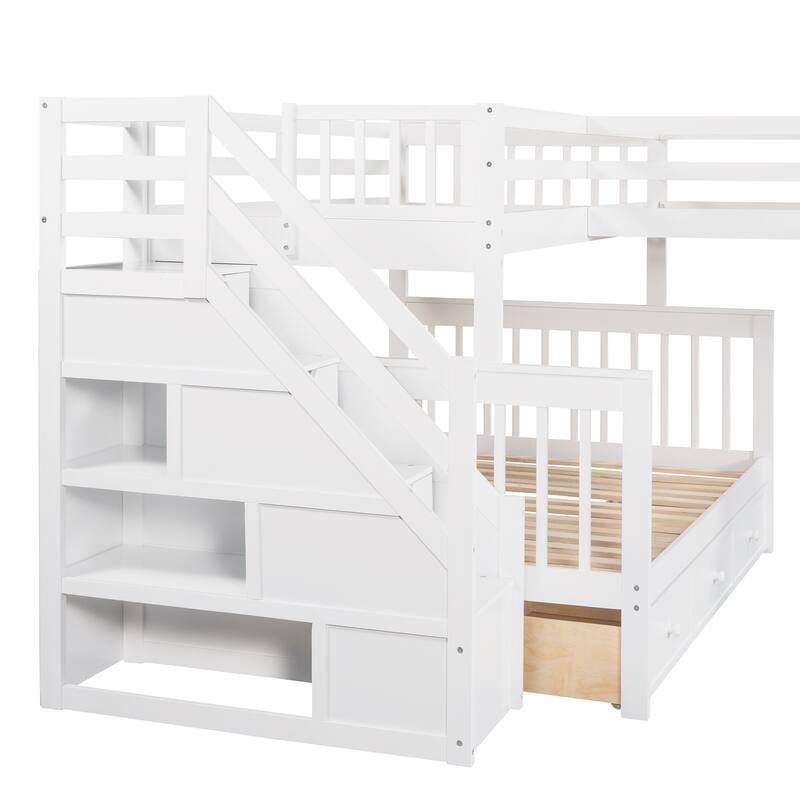 L-Shaped Twin over Full Bunk Bed with Drawers, Ladder, and Staircase in White