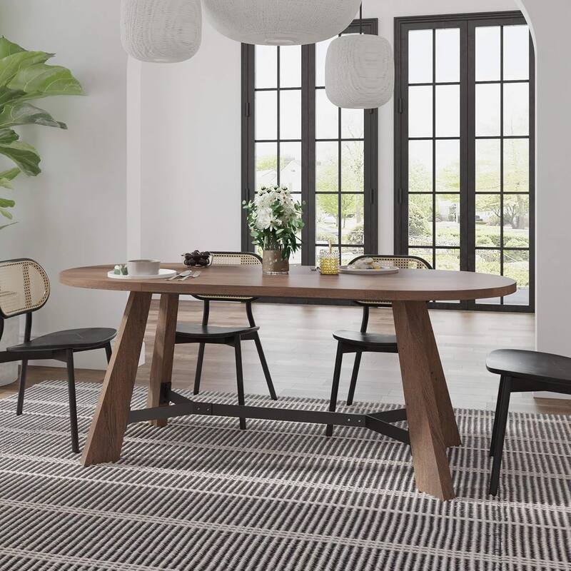 WESOME 70.87" Rustic Oval Dining Table for 6-8 People Wood Kitchen Table Dinner Room Table with Sturdy Tapered Legs - Brown