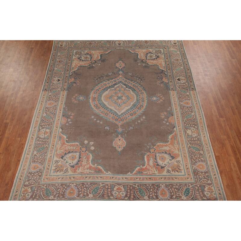 Brown Geometric Tabriz Vintage Persian Area Rug Handmade Wool Carpet - 9'4" x 12'5"