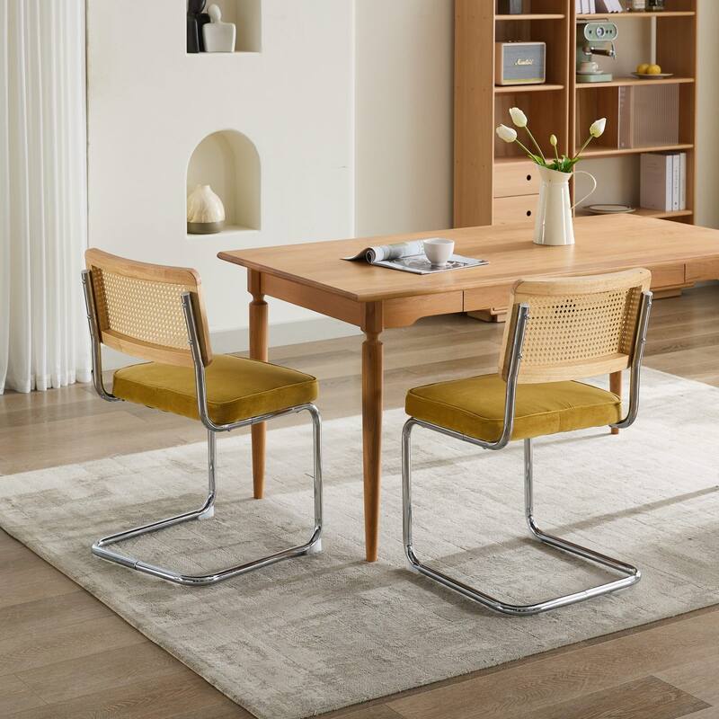 Velvet Dining Chair Set of 2 Gold Accent Chair with Natural Cane Back