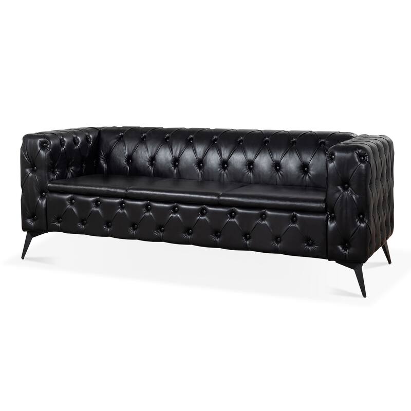 84.06 Inch Width Black PU 3 Seater Traditional Square Arm Removable Cushion Sofa