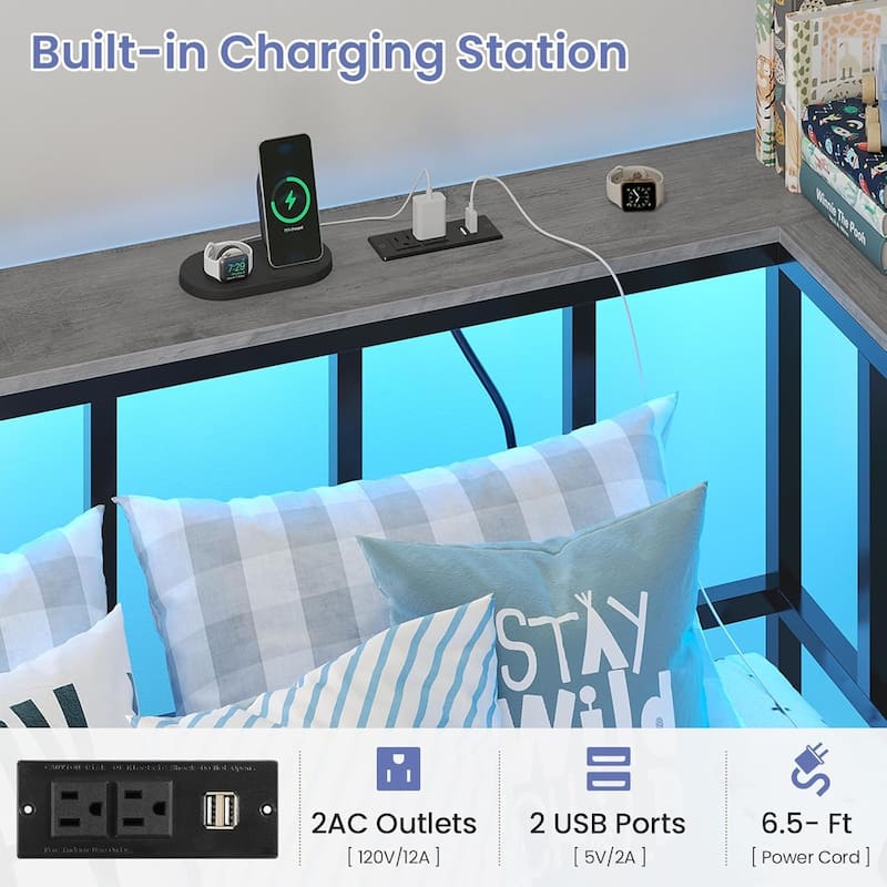 Corner Bed Frame 2 Storage Drawers Daybed Charging Station LED Lights