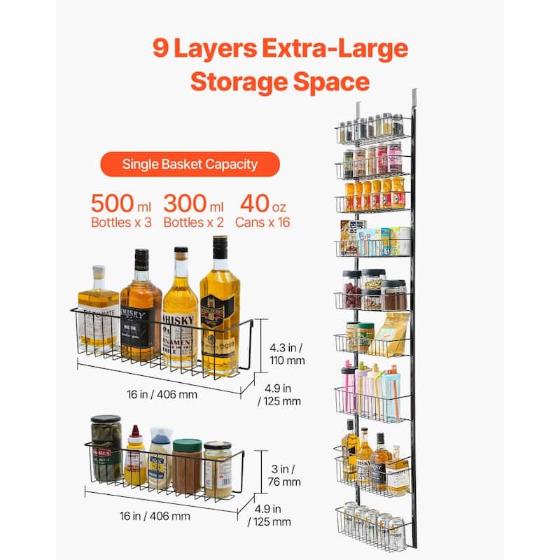 Pantry Organizer with Adjustable Baskets Wall Mount & Over Door Rack
