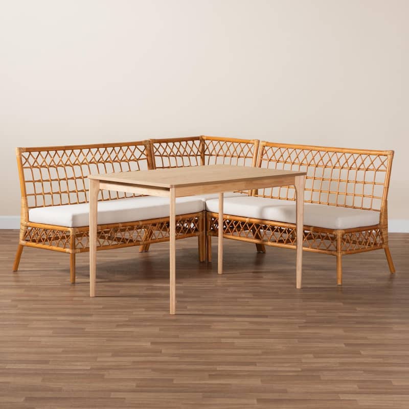 Adora Modern Bohemian Honey Rattan 4-Piece Dining Nook Set