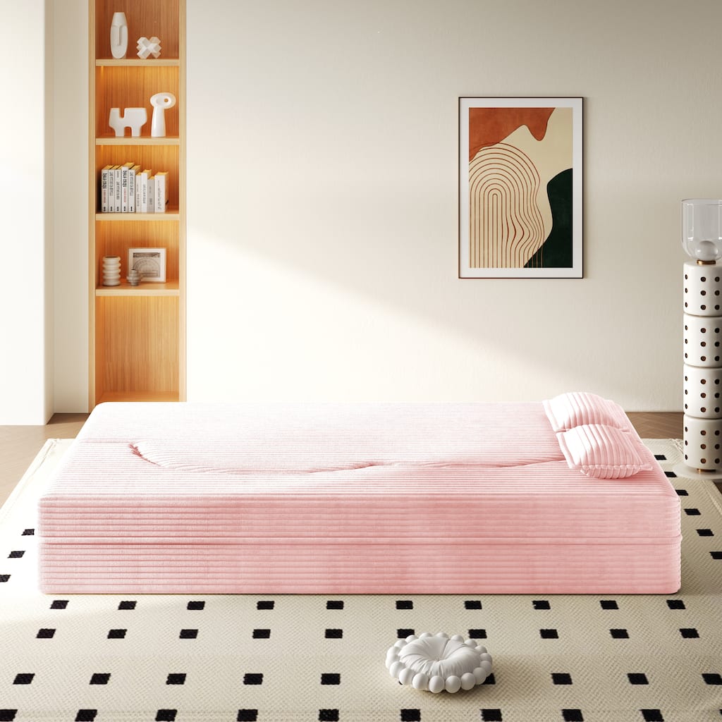 Convertible Floor Sofa with Corduroy Fabric, Twin Mattress & No Assembly