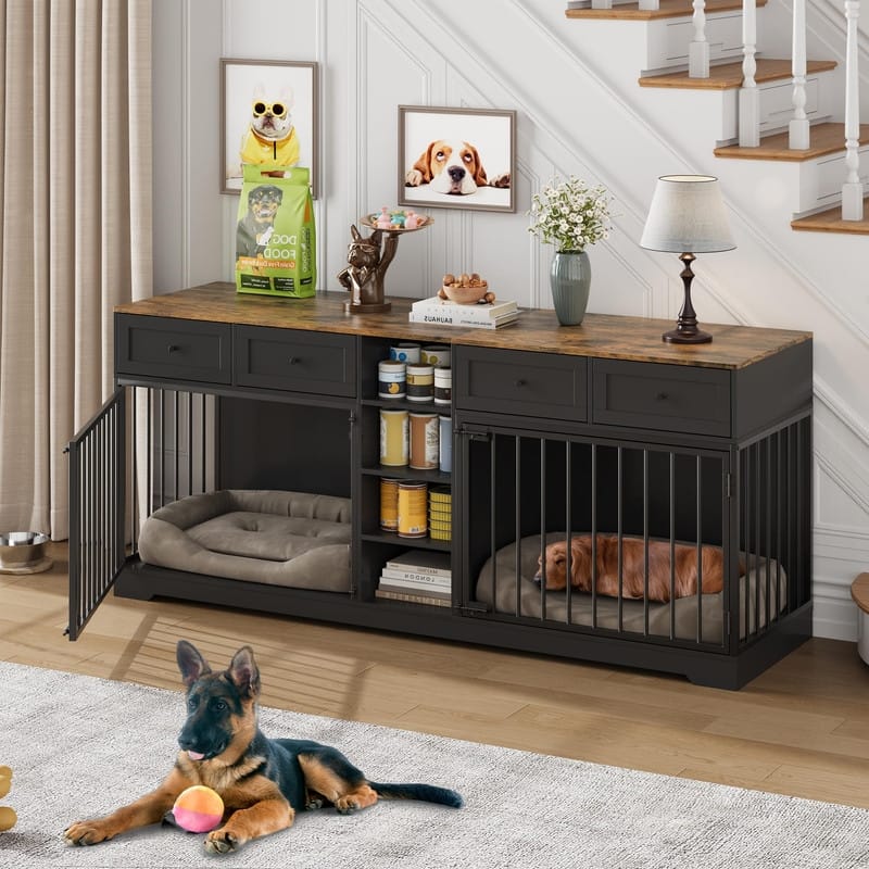 Wooden Dog Cage Crate Furniture TV Stand Large Dog Kennel with 4 Drawers and Shelves for 2 dogs - Black