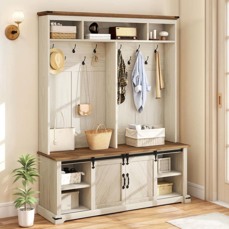 Moasis Farmhouse Hall Tree with Bench and Shoe Storage with 10 Hooks for Entryway - 59 Inch - Off-White