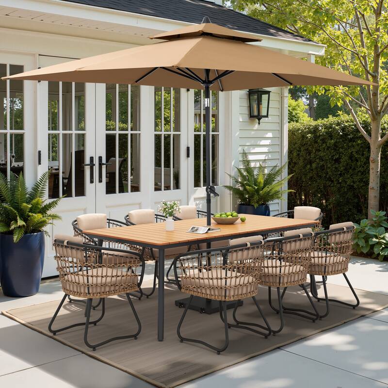 9/11-piece Outdoor Dining Set w/ Umbrella and Base Aluminum Dining Table and PE Rattan Chairs - Set of 11 -82.48 inches long brown table