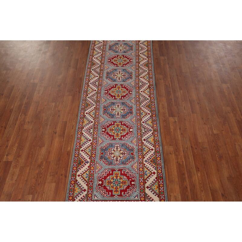 Geometric Kazak Oriental Runner Rug Hallway Hand-Knotted Wool Carpet - 2'8" x 9'4"