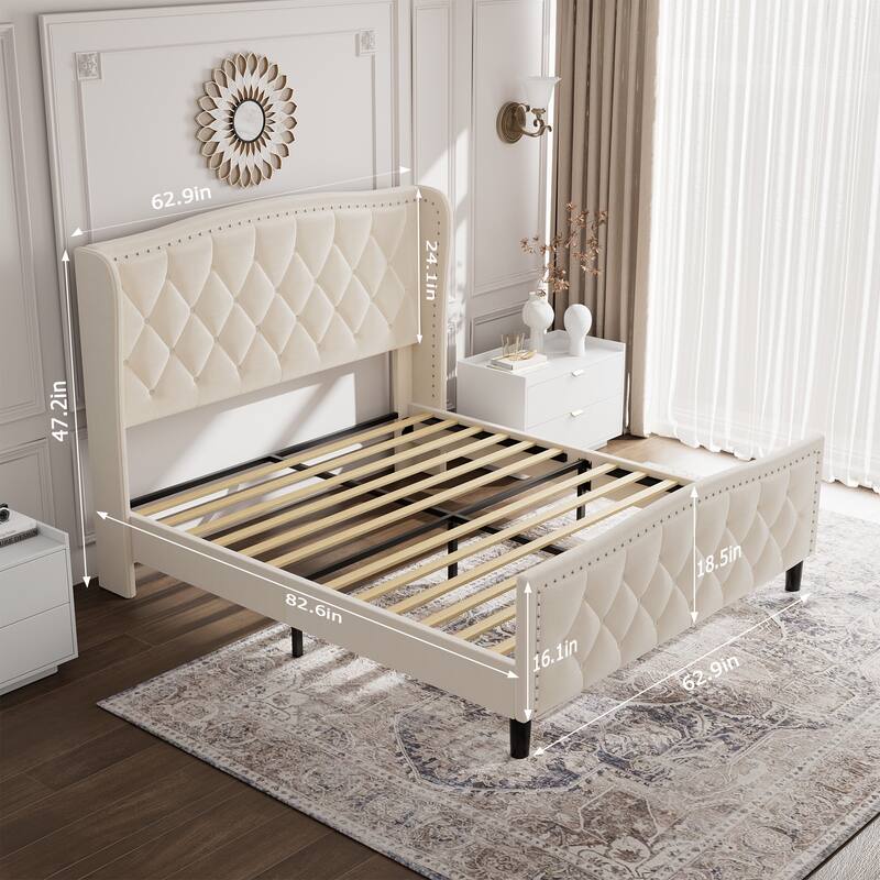 Modern Upholstered Queen Size Platform Bed with Wingback Headboard, Velvet Frame, Wood Slat Support, Easy Assembly