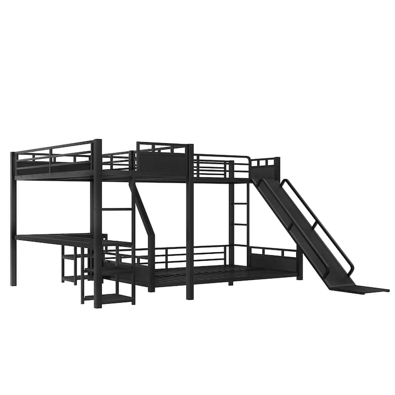 L-shaped Triple Bunk Bed with Loft Bed and Bunk Bed, Metal Storage Bed Frame with Integrated Desk, Open Shelves and Slide