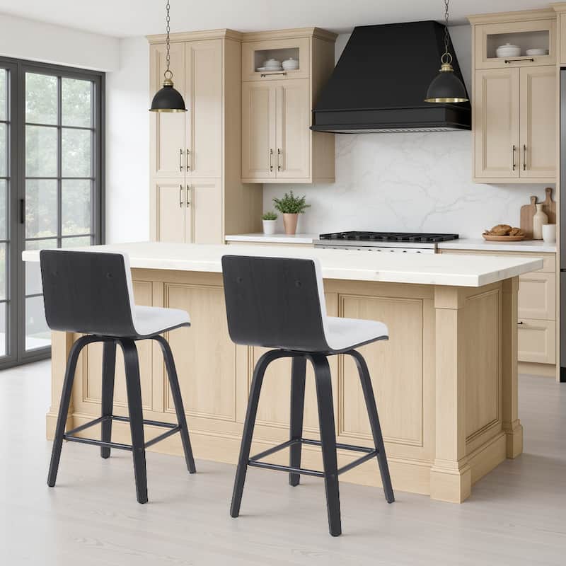 Skara Mid-Century Swivel Counter Stool, Upholstered Counter Height Chair with Bentwood Legs - White Faux Leather  & Black - Set of 2