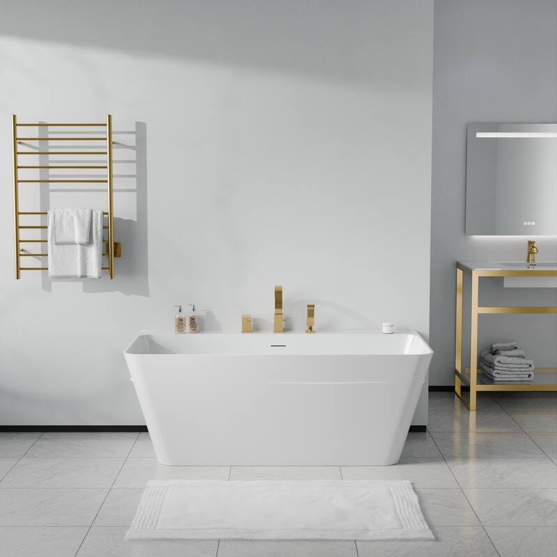 Vault Series 59 in. x 30 in. Flat Bottom Acrylic Freestanding Soaking Bathtub with Center Drain, Brushed Gold Faucet - Brushed Gold