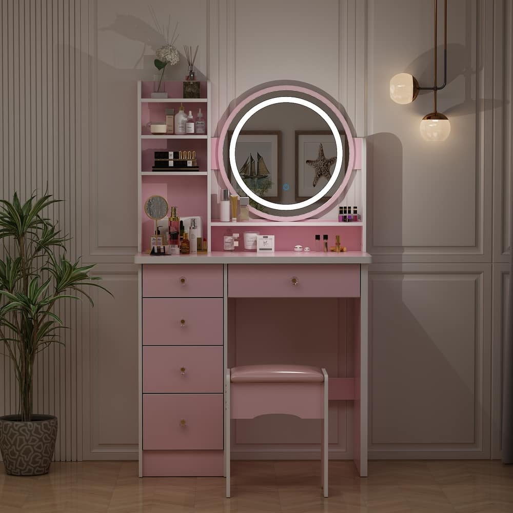 31.5" Wide Makeup Vanity Set with Stool, Mirror,3 Color Light - 31.5"W