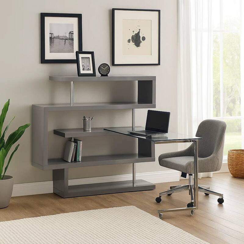 Writing Desk with 4 Swivel Etagere Shelf and Casters, Gray
