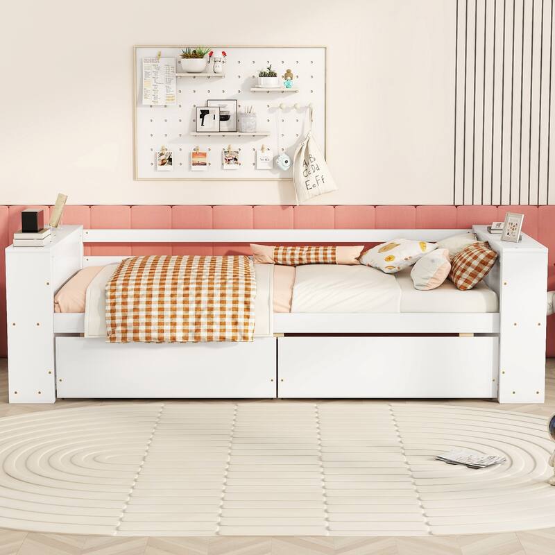 Twin Size Daybed with 2 Drawers and Bedside Storage Bookcase, Wooden Daybed Frame Sofa Bed with Storage Shelves for Kids