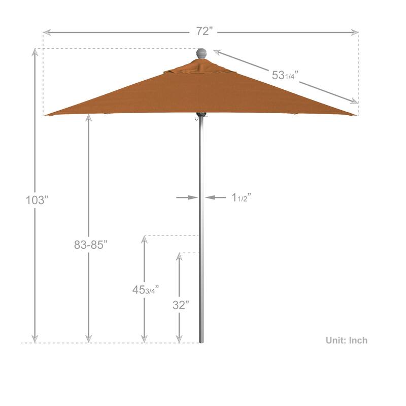 California Umbrella 6' Sq. Aluminum Frame, Fiberglass Rib Patio Umbrella, Push Open, Anodized Sliver Finish, Sunbrella Fabric
