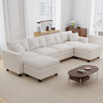 GDFStudio - Elara Luxe 137'' U-Shaped Corner Couch with Armrest Storage, Deep Seat Comfy Chenille for Living Room