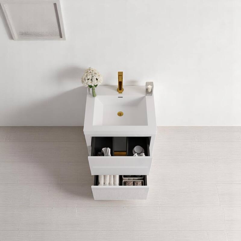 24" Freestanding Bathroom Vanity with Sink, Stone Resin Countertop, Soft Close Drawers, Glossy White Finish
