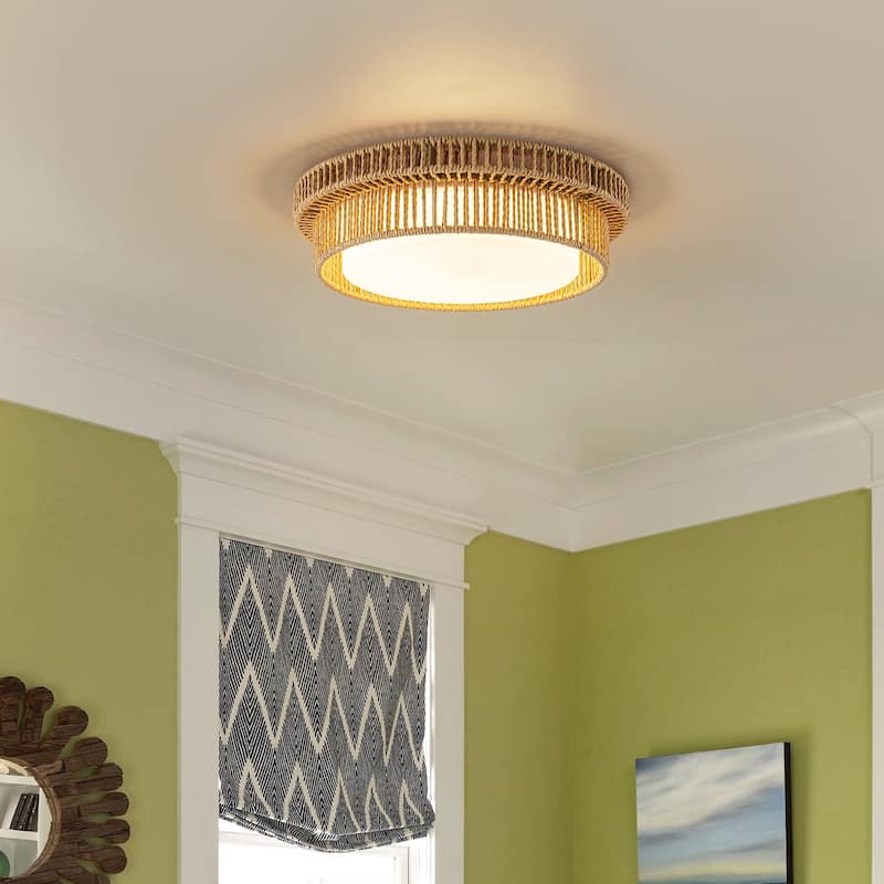 Integrated LED Brown Paper Rope Woven Shade with Opal Glass Flush Mount Ceiling Light - W12" × D12" × H3.2"