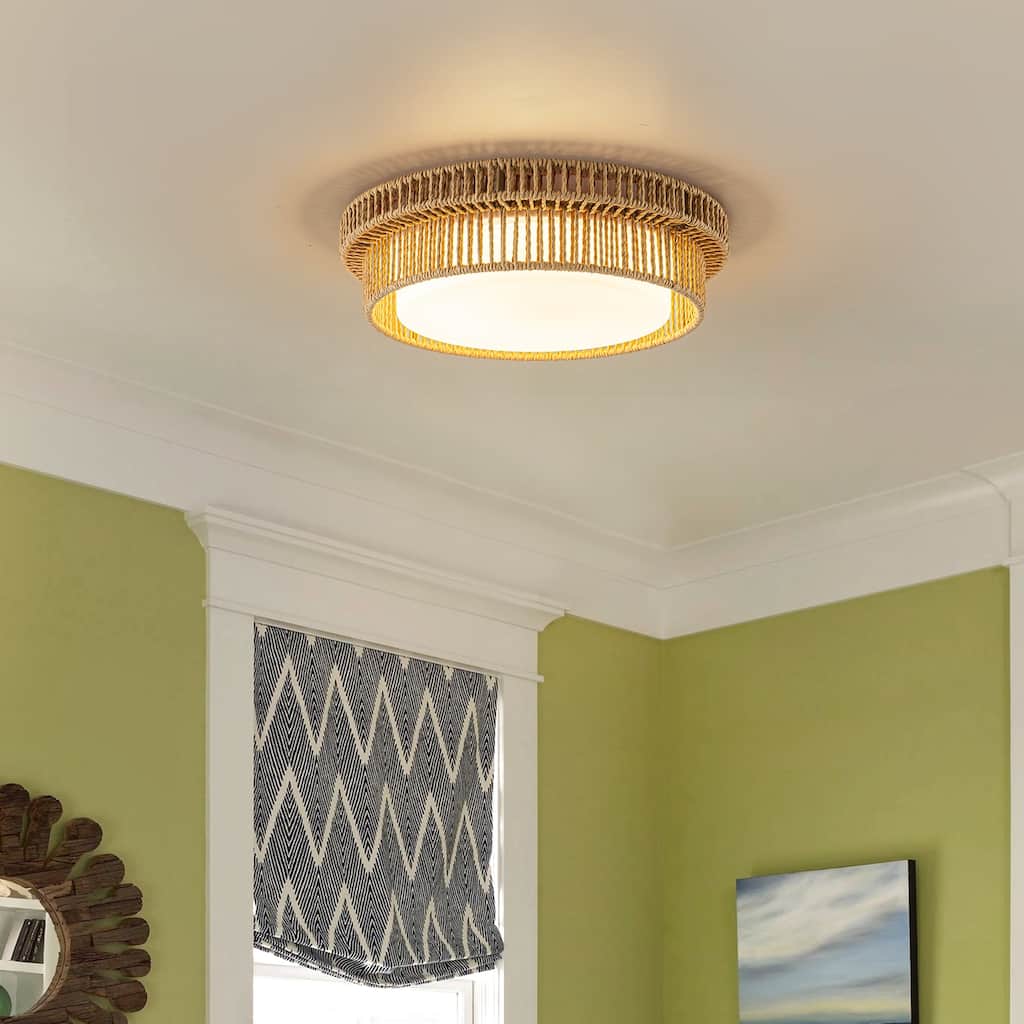 Integrated LED Brown Paper Rope Woven Shade with Opal Glass Flush Mount Ceiling Light - W12" × D12" × H3.2"