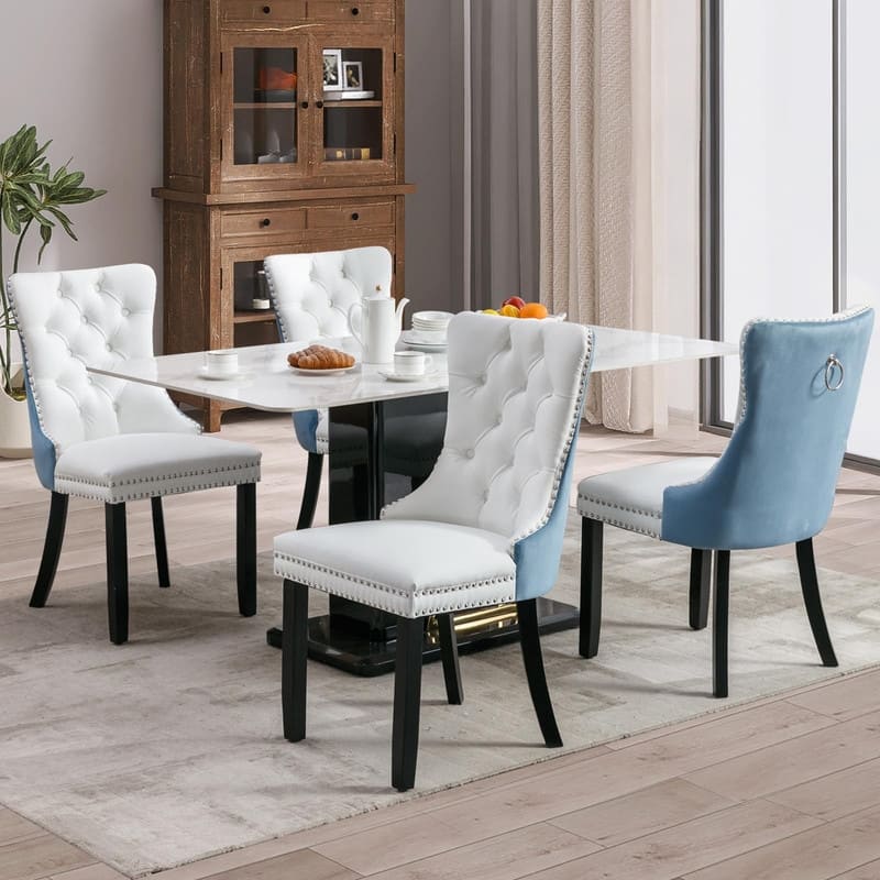Tufted Naliheads Solid Wood Upholstered Dining Chairs (Set of 4) - WhiteBlue BlackLegs