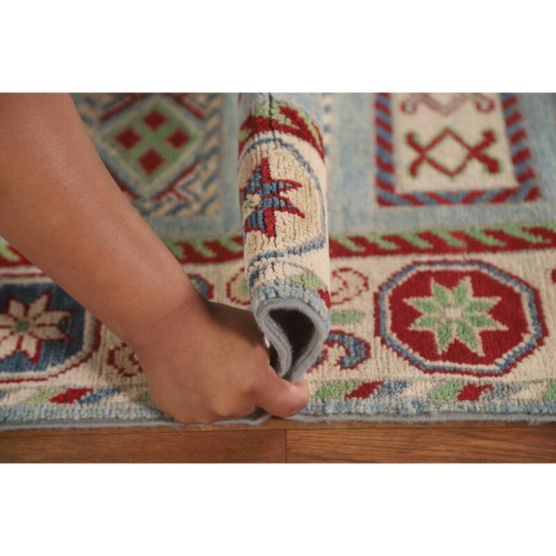 Light Blue Kazak Runner Rug Hand-Knotted Geometric Wool Carpet - 3'4" x 16'0"