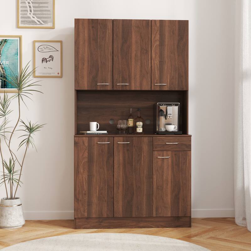 70.87" Tall Wardrobe& Kitchen Cabinet, with 6-Doors, 1-Open Shelves and 1-Drawer for bedroom - Walnut