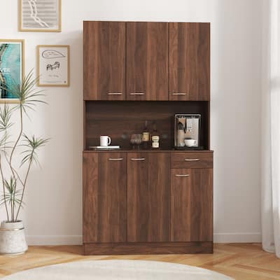 Modern Tall Cabinet with 6 Doors, 1 Open Shelf and 1 Drawer for Bedroom, Kitchen