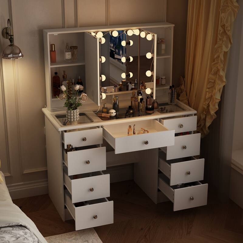 Glass Top Soft-Close Adjustable Lighting Vanity Dresser Vanity Makeup Table Dressing Table