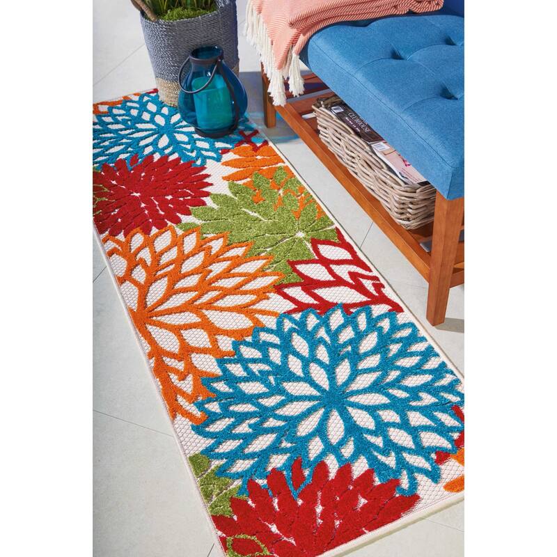 Nourison Aloha Floral Modern Indoor/Outdoor Area Rug - 2' x 6' Runner - Red/Orange