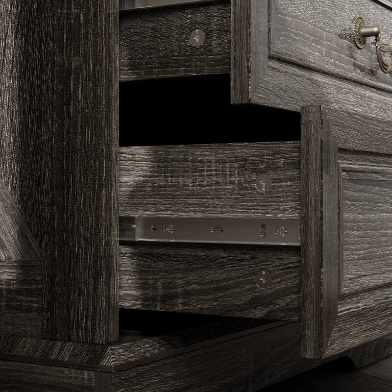 Farmhouse Nightstand with 2 Drawers, Open Shelf & Power Port, Rustic Bedside Table, Antique Brass Handles, White/Grey