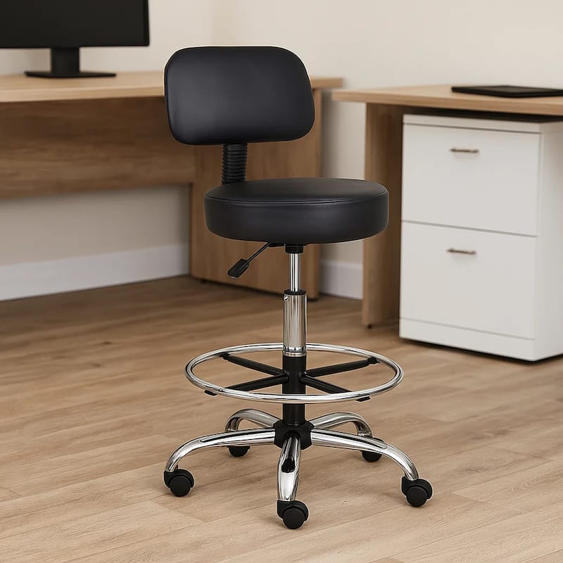 Fea Medical Drafting Stool, Black Vinyl, Low Back and Padded Seat, Chrome