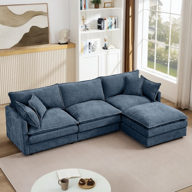 GDFStudio - Chenille Modular 3-Seater 102" L-Shaped Sectional Sofa with Ottoman - Blue