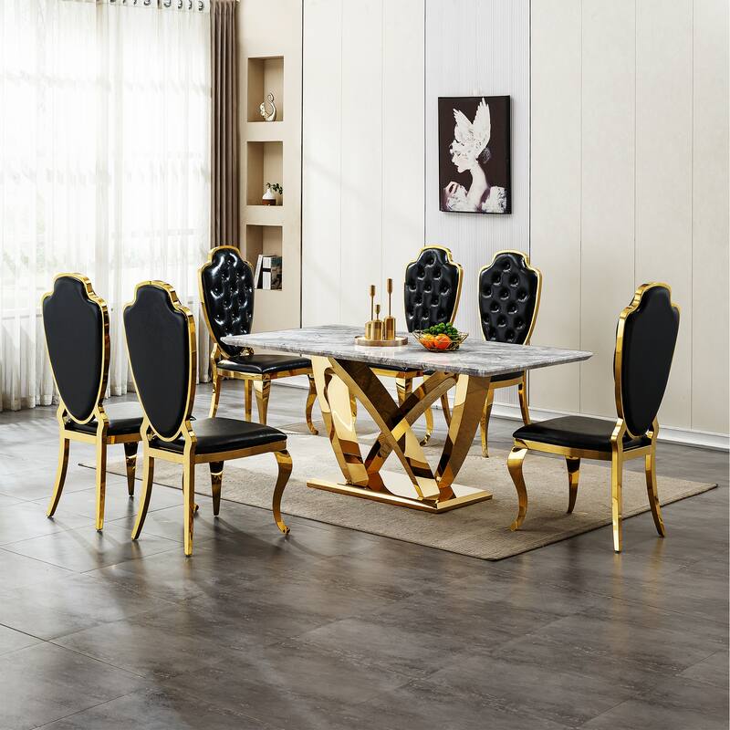 70'' Rectangle Faux Marble Dining Table with Mirrored Finish Stainless Steel Base - Grey+Gold