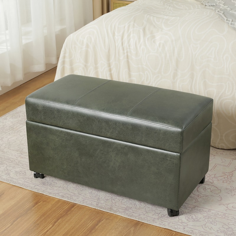 Adeco Faux Leather Storage Ottoman for Living Room - Green-with-Casters