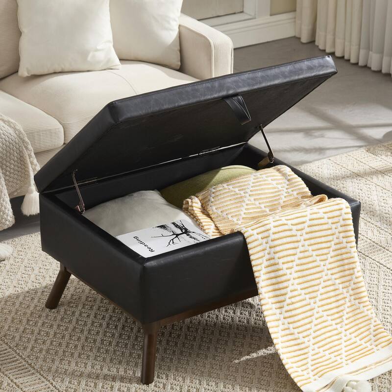 Mid-Century Modern Square Coffee Table with Storage Bench - Black PU