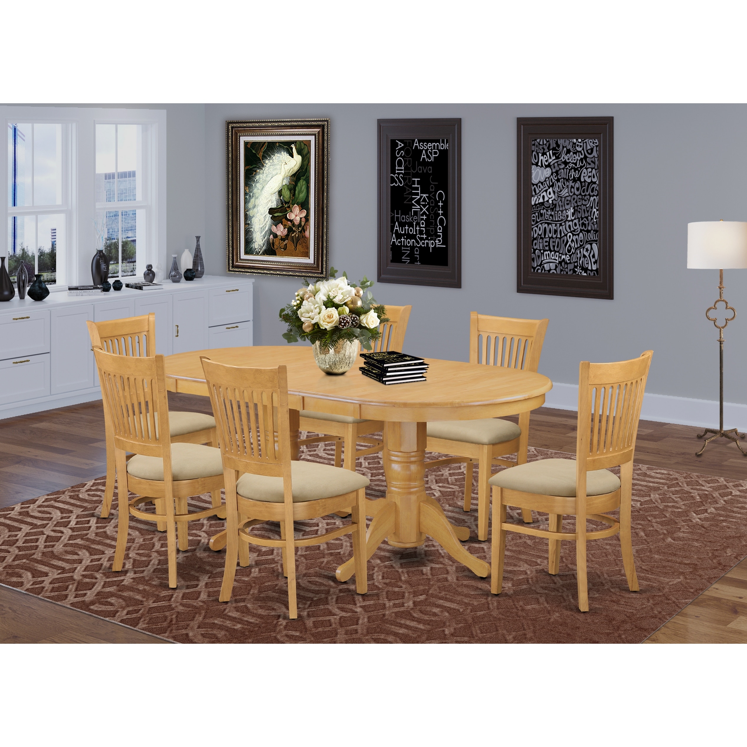 Shop Oak Finish Rubberwood Dining Table With Leaf And 6 Chairs
