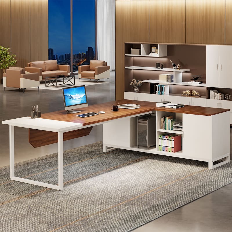 70.8-Inch Executive Desk with 55-Inch File Cabinet, Large L Shaped Computer Desk with Storage Cabinet and Shelves