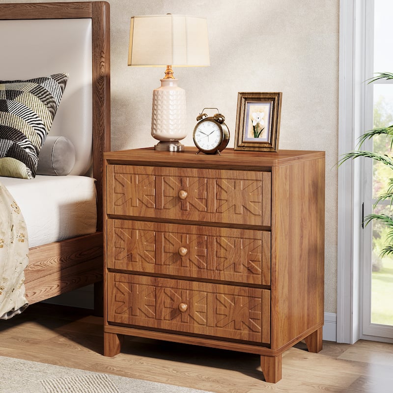 Nightstand Bedside Table with 3 Drawers and Elegant Patterns