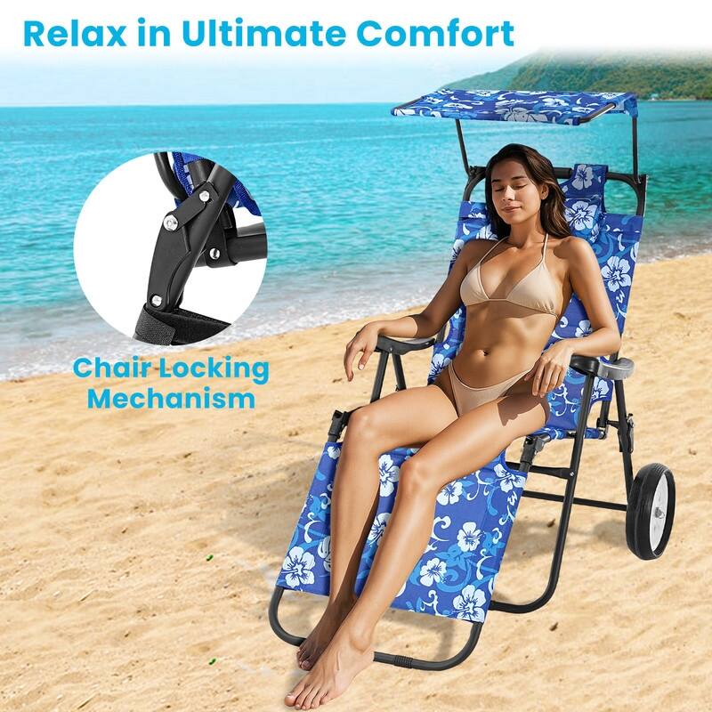 Beach Lounge Chair with Wheels and Canopy, Perfect for Pool or Picnic
