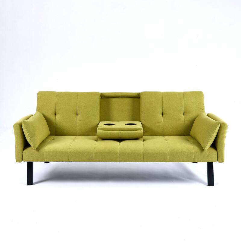 Cotton Linen Fabric Loveseat Sofa Sleeper Sofa Bed for Small Space with Center Table, Cup Holders, Pillows and Side Pockets