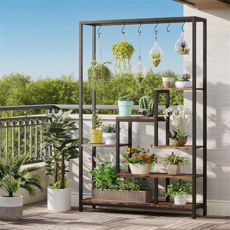 5-Tier Ladder Plant Stand with 7 Shelves & S-Hooks - Brown