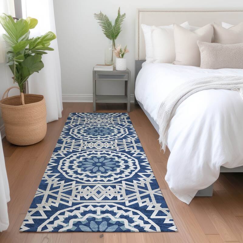 Machine Washable Indoor/ Outdoor Chantille Boho Moroccan Rug - Navy - 2'3" x 7'6"