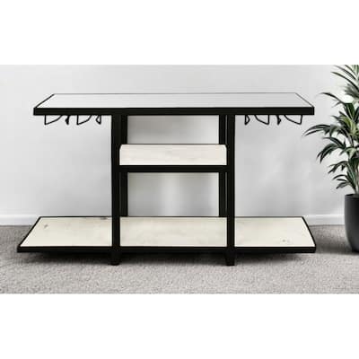 HomeRoots 58" White and Black Genuine Marble Floor Shelf Console Table Two Shelves - 58