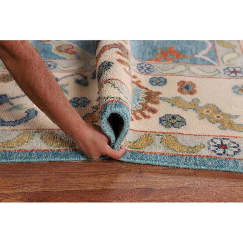 Light Blue & Ivory Floral Oushak Indian Rug Hand-Knotted Wool Carpet - 8'8"x 11'9"