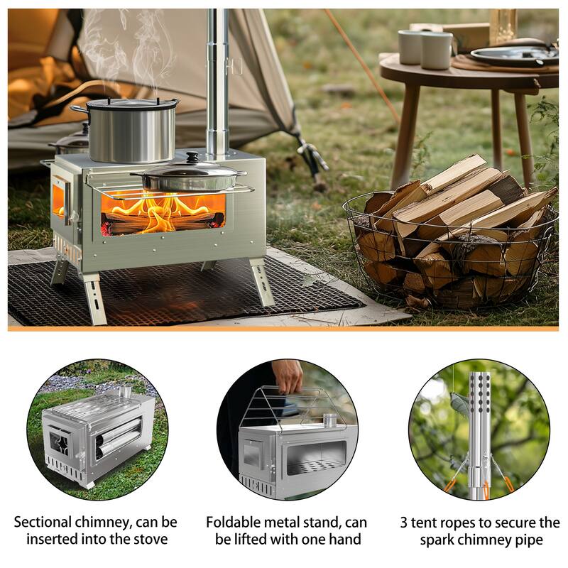 Large Camping Wood Stove, Portable Stainless Steel Hot Tent Stove with 7 chimney pipes